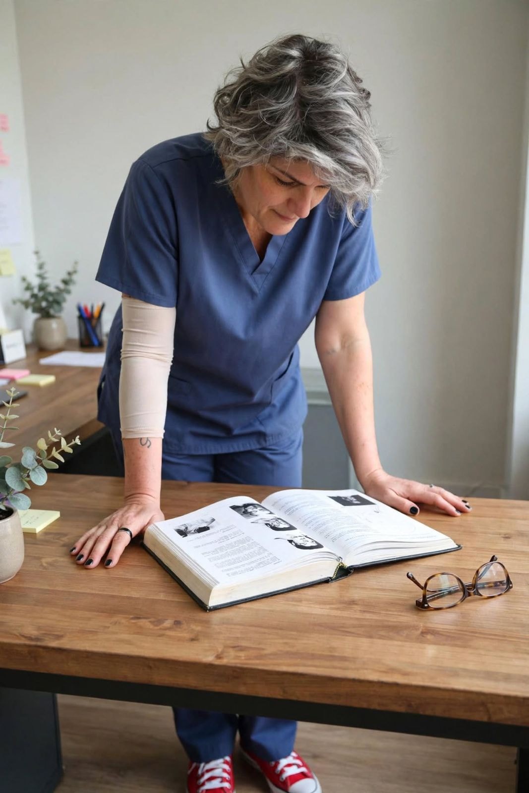 Doress Naffaa in blue scrubs studying an open reference book