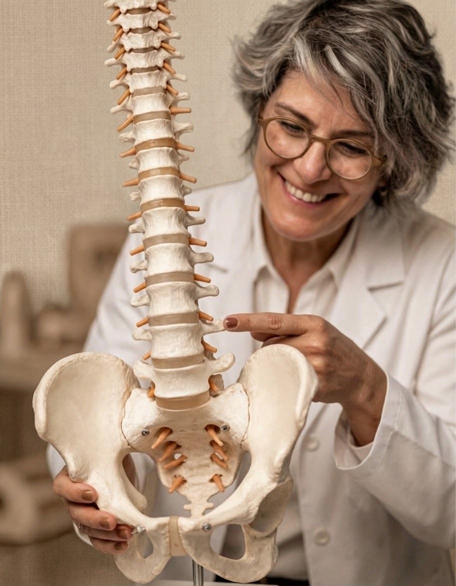 Doress Naffaa demonstrating a spine and pelvic anatomy model
