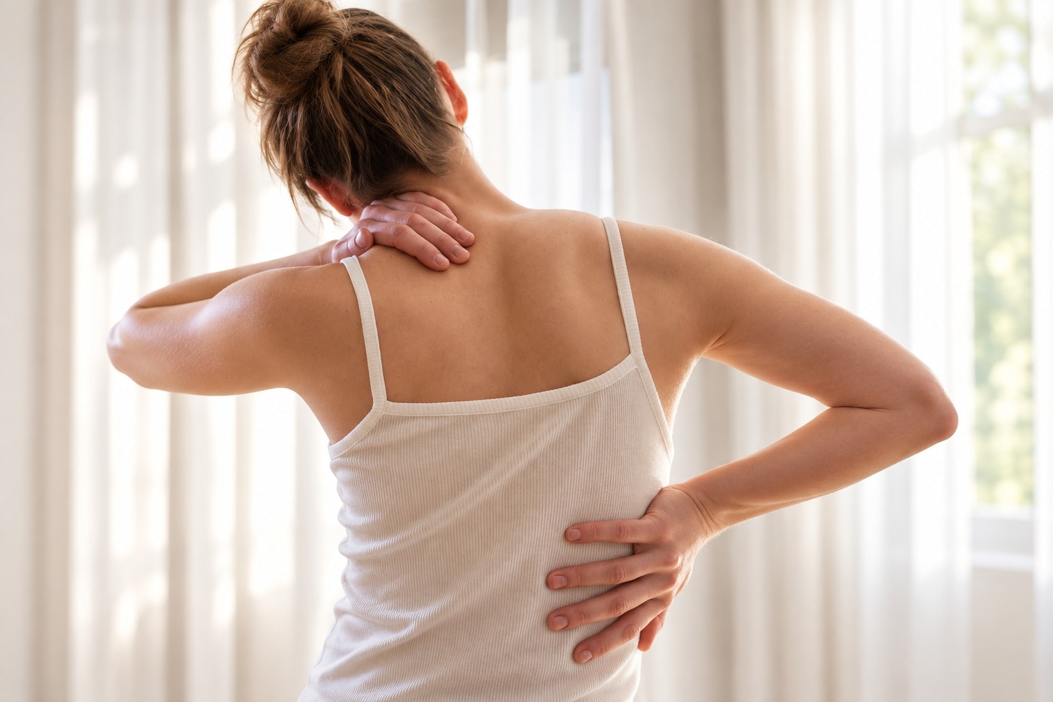 Woman resting one hand on her neck and the other on her lower back