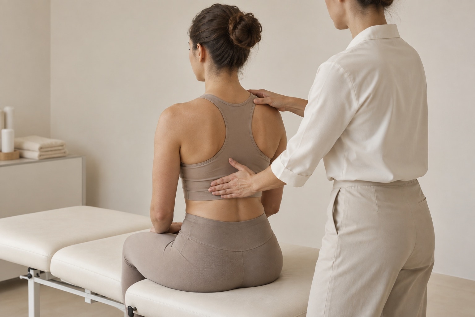 Physiotherapist gently supporting a seated woman during treatment.
