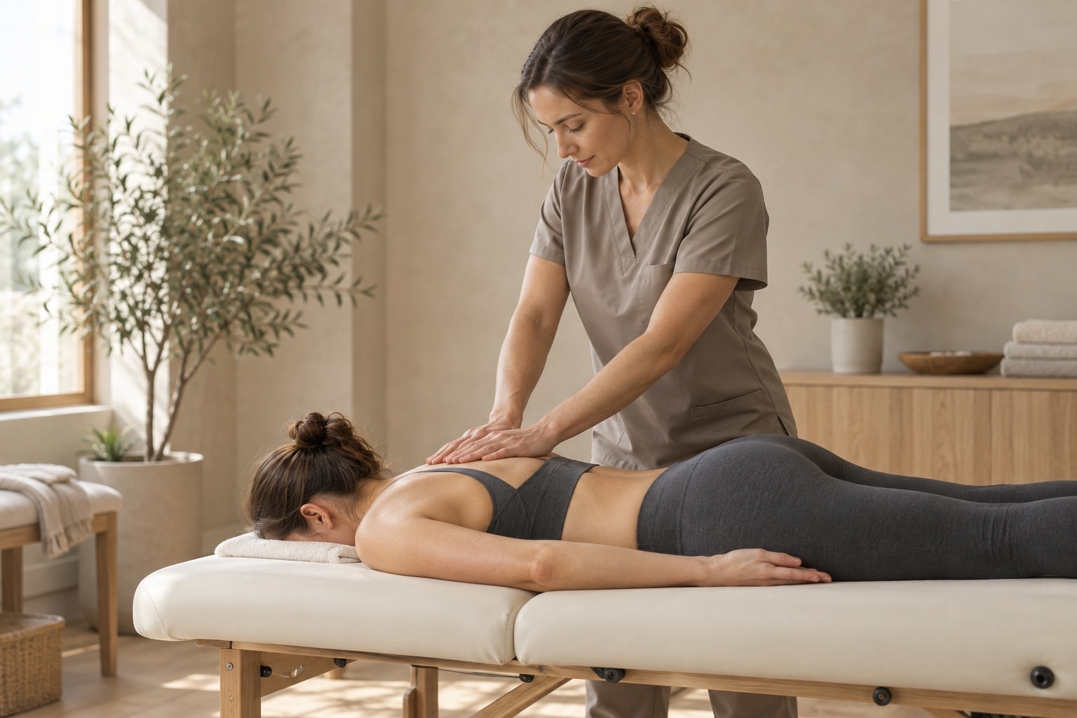 Physiotherapist assessing a patient's back during a treatment session.