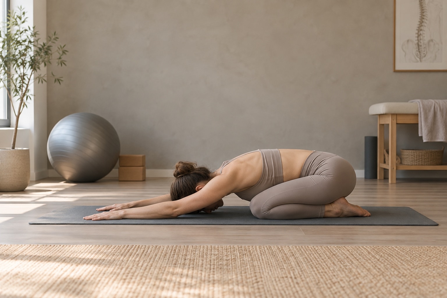 Woman performing a controlled Clinical Pilates mobility exercise on a mat.