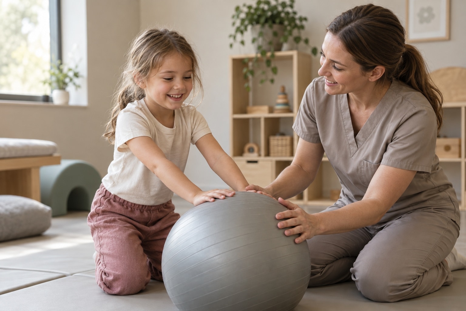 Child practicing a movement activity with support from a pediatric physiotherapist.