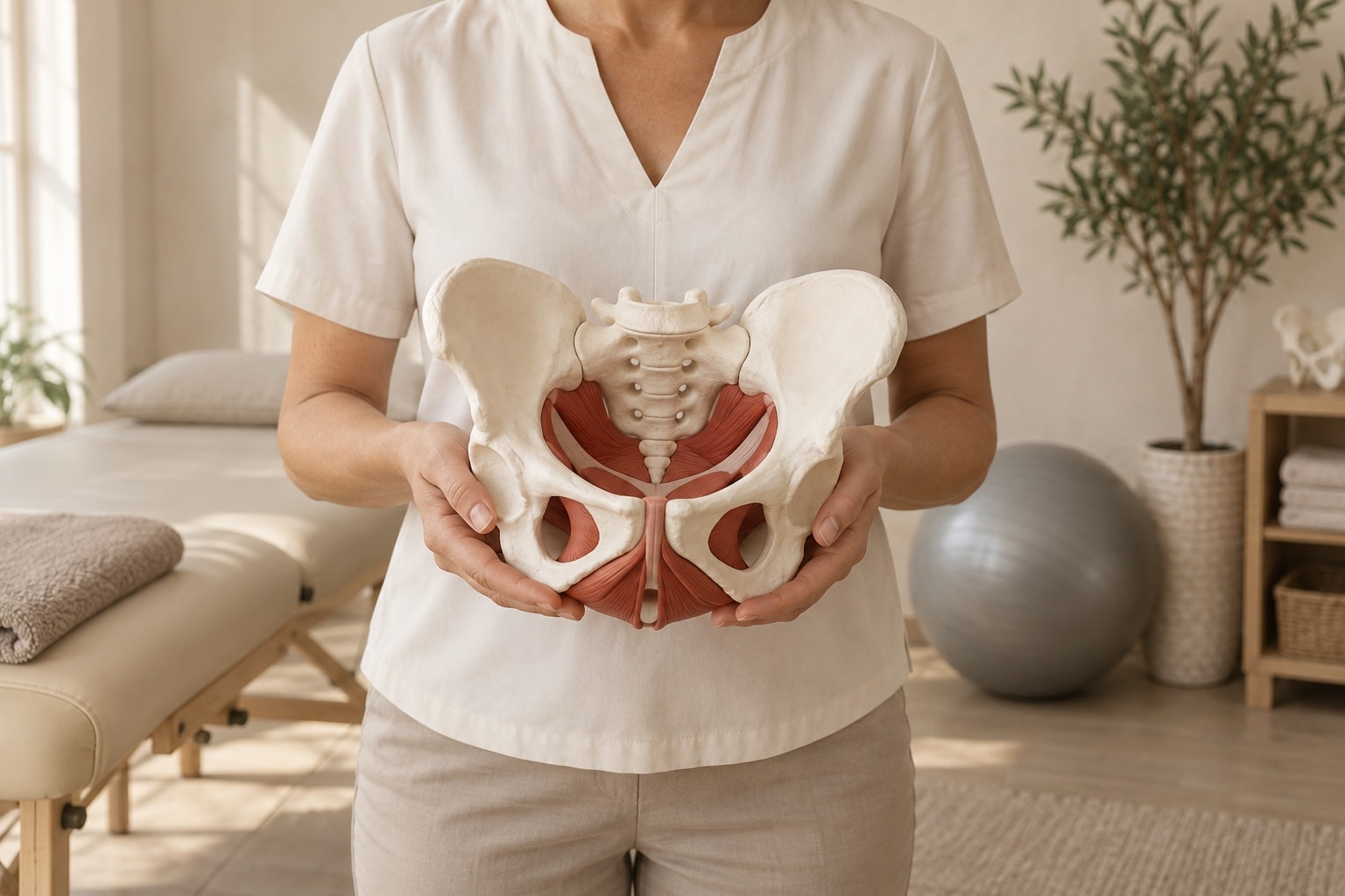 Physiotherapist demonstrating a pelvic floor anatomy model.