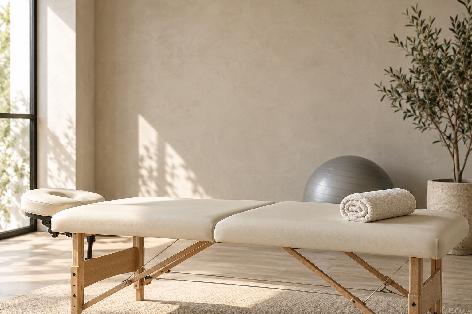Warm physiotherapy treatment space with therapy table and exercise equipment.