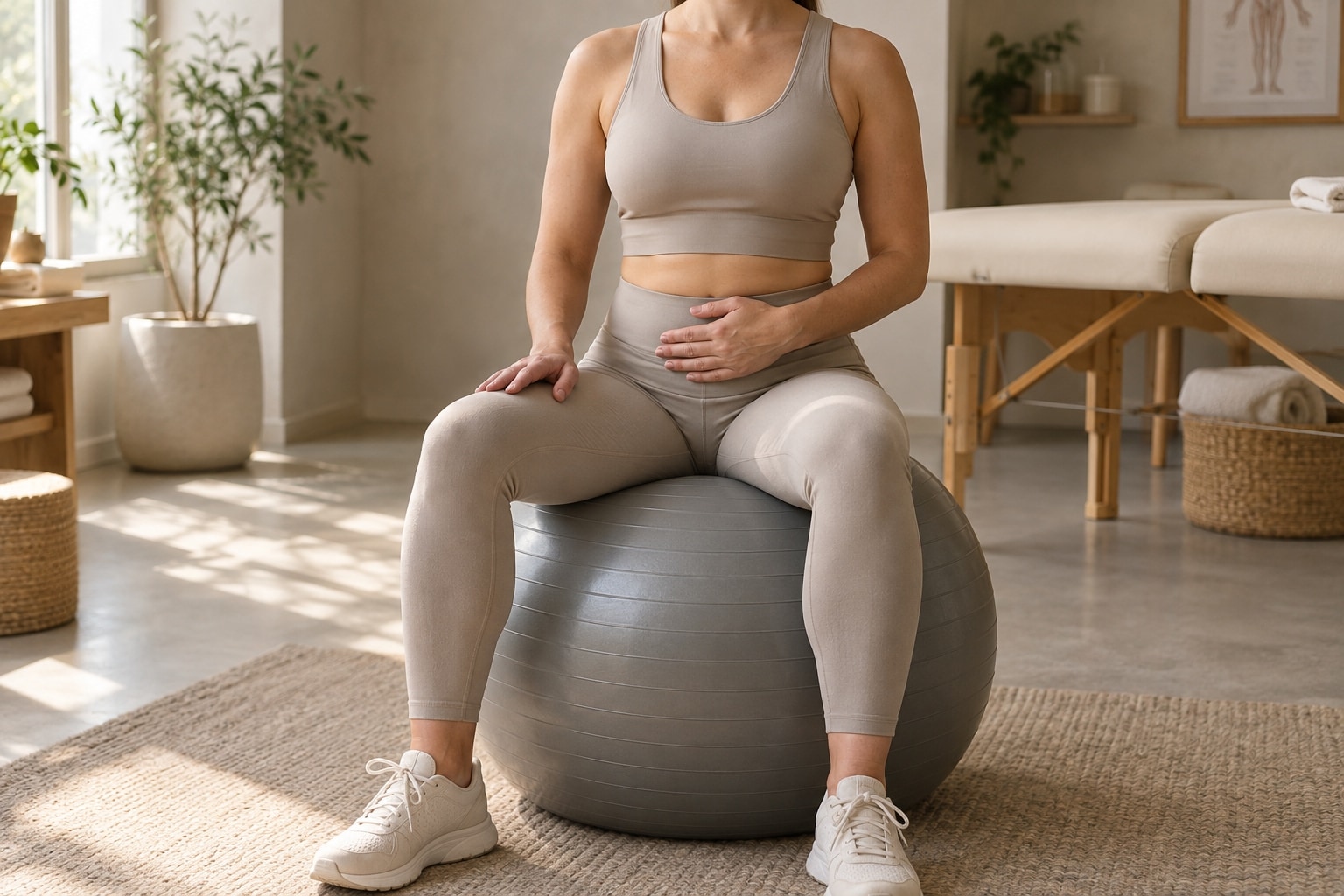 Woman seated on a therapy ball during a women's health rehabilitation session.